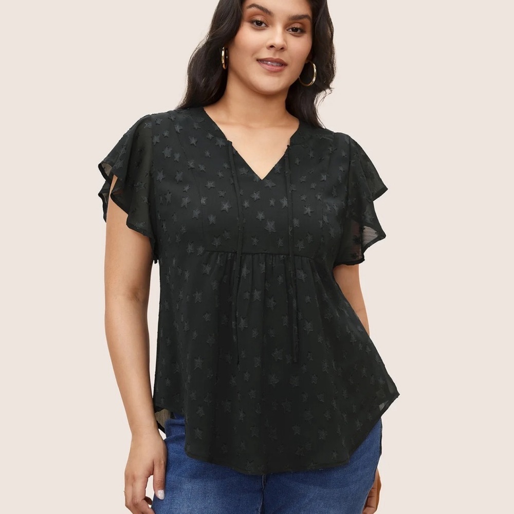 BloomChic Star Mesh Gathered Ruffle Sleeve Blouse us10